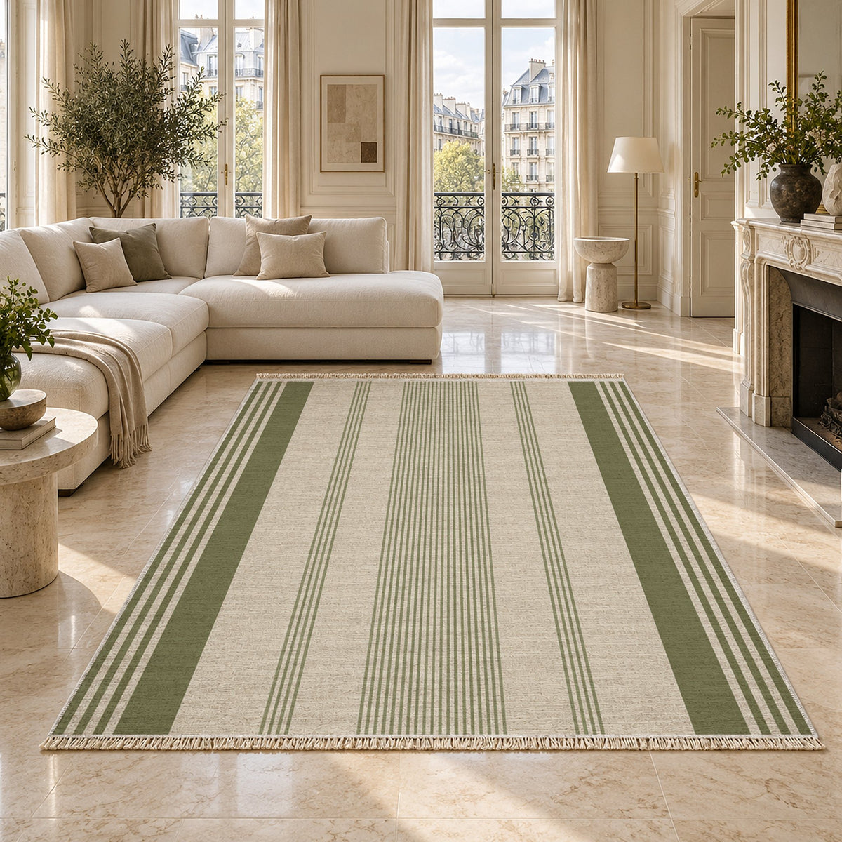 Fine Ticking Ivory & Olive washable rug on a marble floor