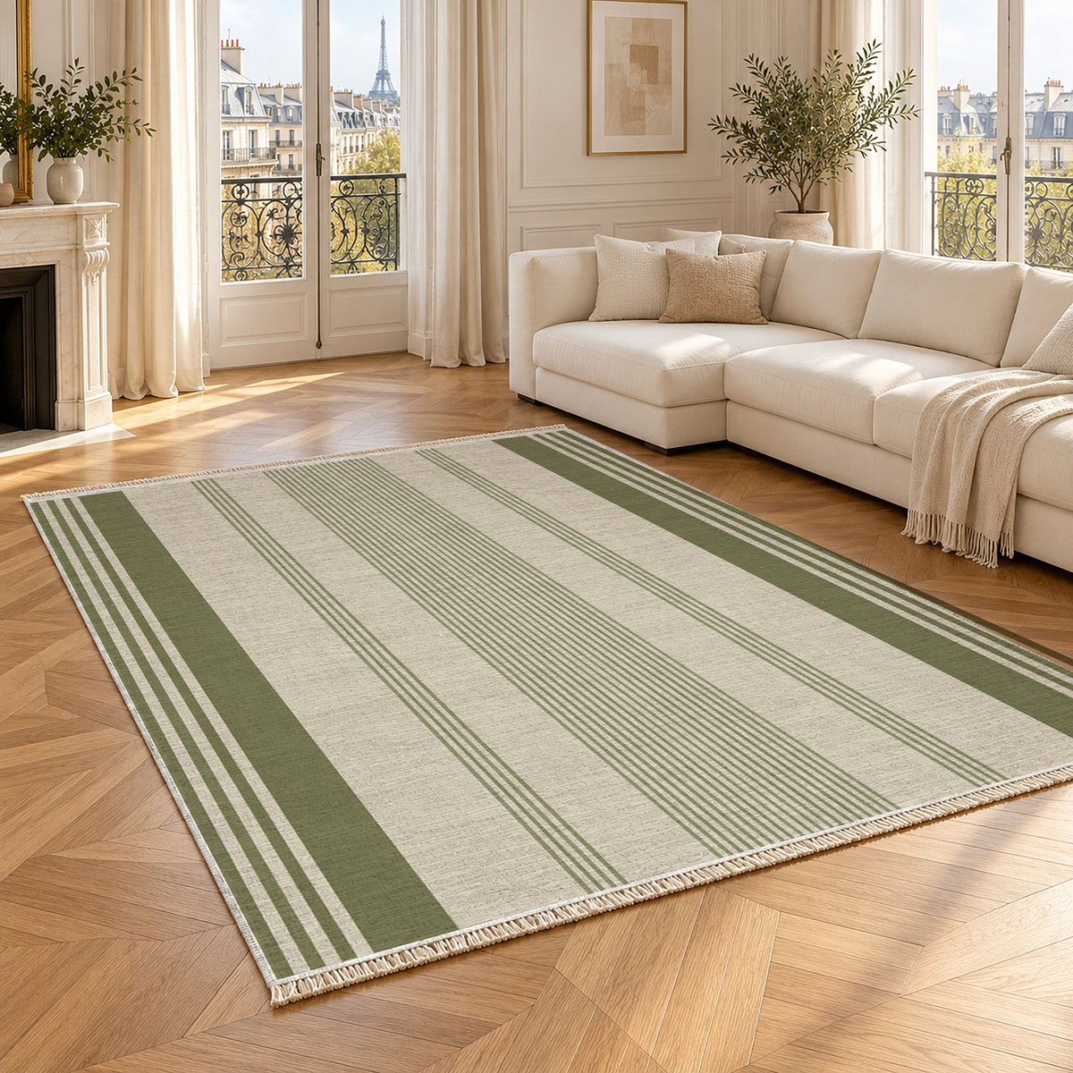 Fine Ticking Ivory & Olive washable rug angled room view