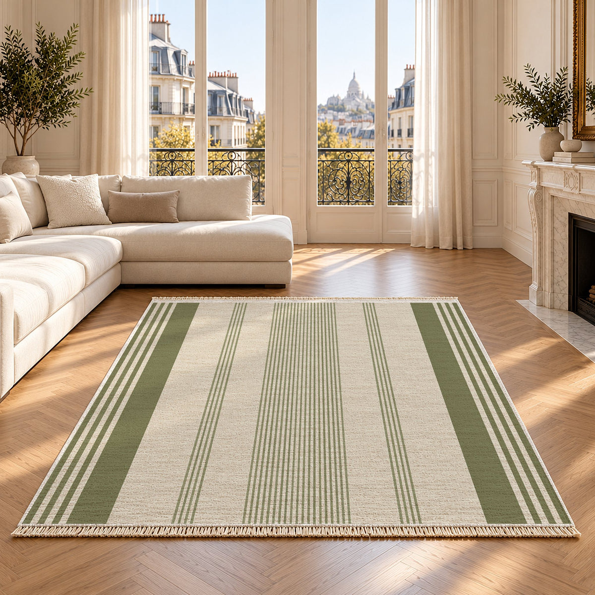 Fine Ticking Ivory & Olive washable rug on an oak floor