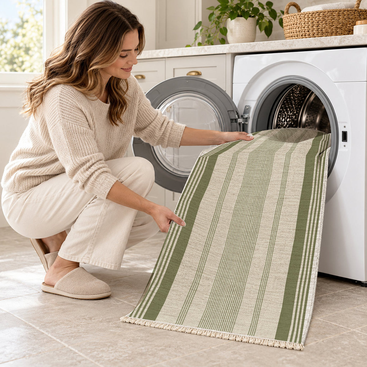 Fine Ticking Ivory & Olive washable rug being loaded into a washing machine