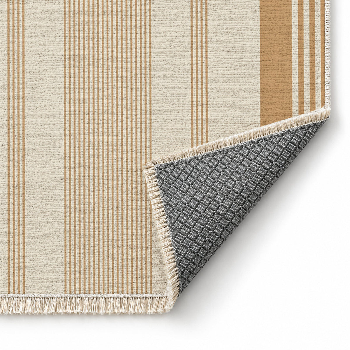 Fine Ticking Ivory & Sand washable rug folded corner showing the backing