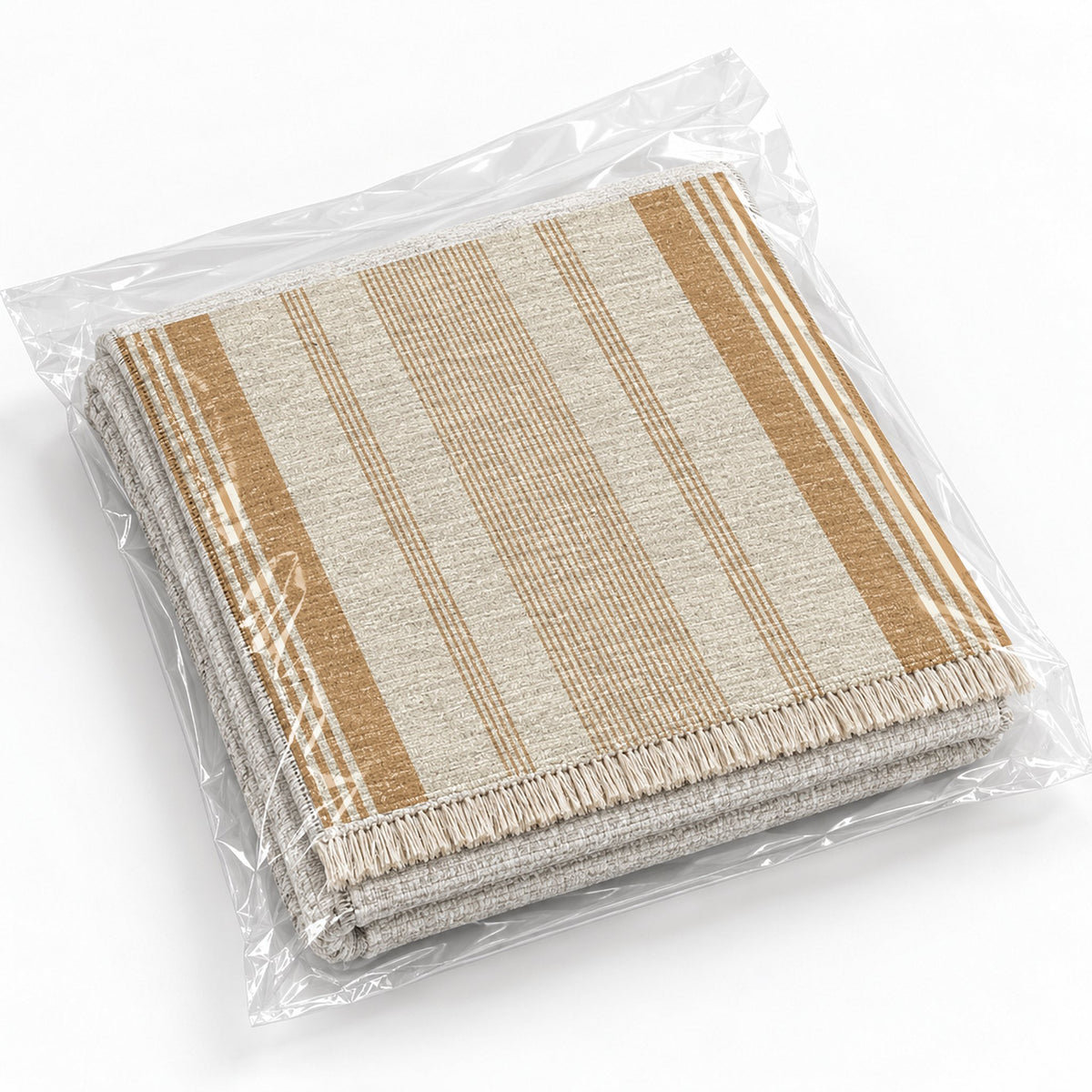 Fine Ticking Ivory & Sand washable rug rolled and packaged
