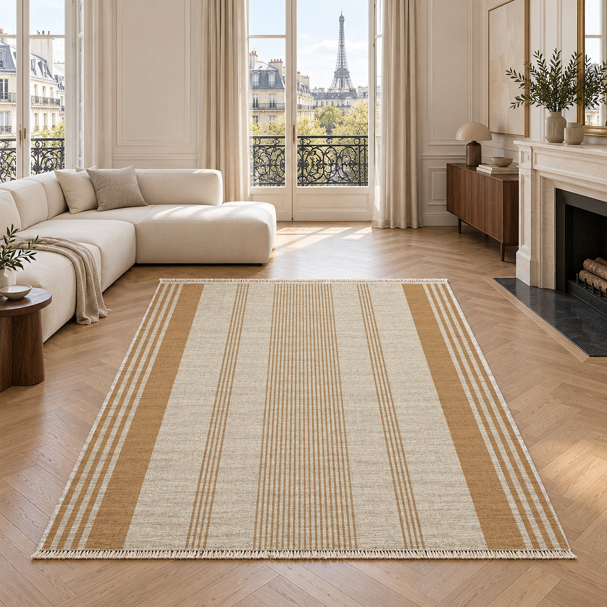 Fine Ticking Ivory & Sand washable rug in a living room with an Eiffel Tower view