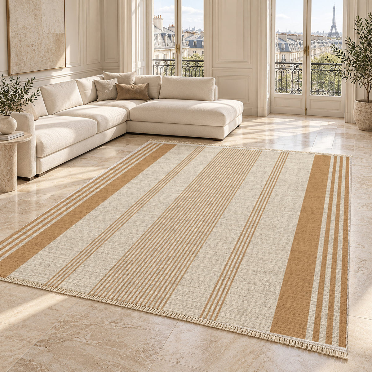 Fine Ticking Ivory & Sand washable rug angled room view on marble