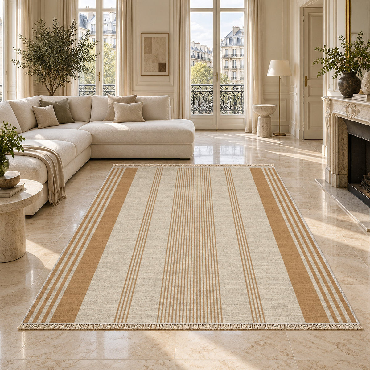 Fine Ticking Ivory & Sand washable rug on a marble floor