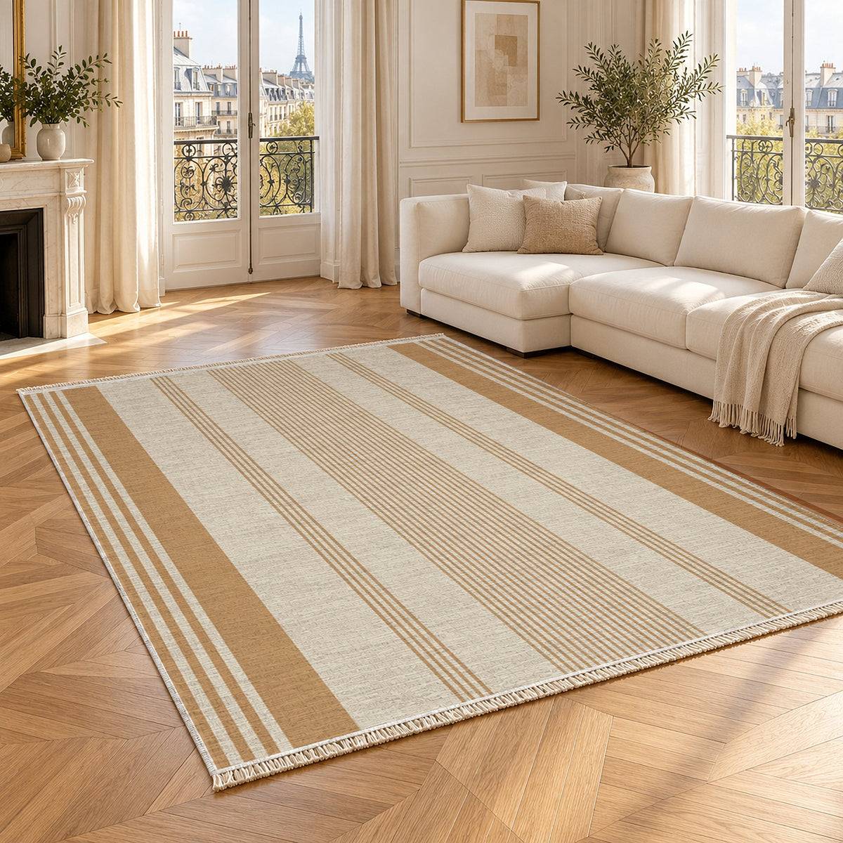 Fine Ticking Ivory & Sand washable rug angled room view