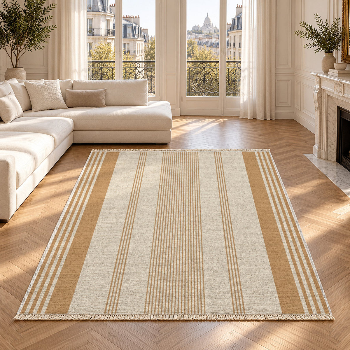 Fine Ticking Ivory & Sand washable rug in a Paris living room
