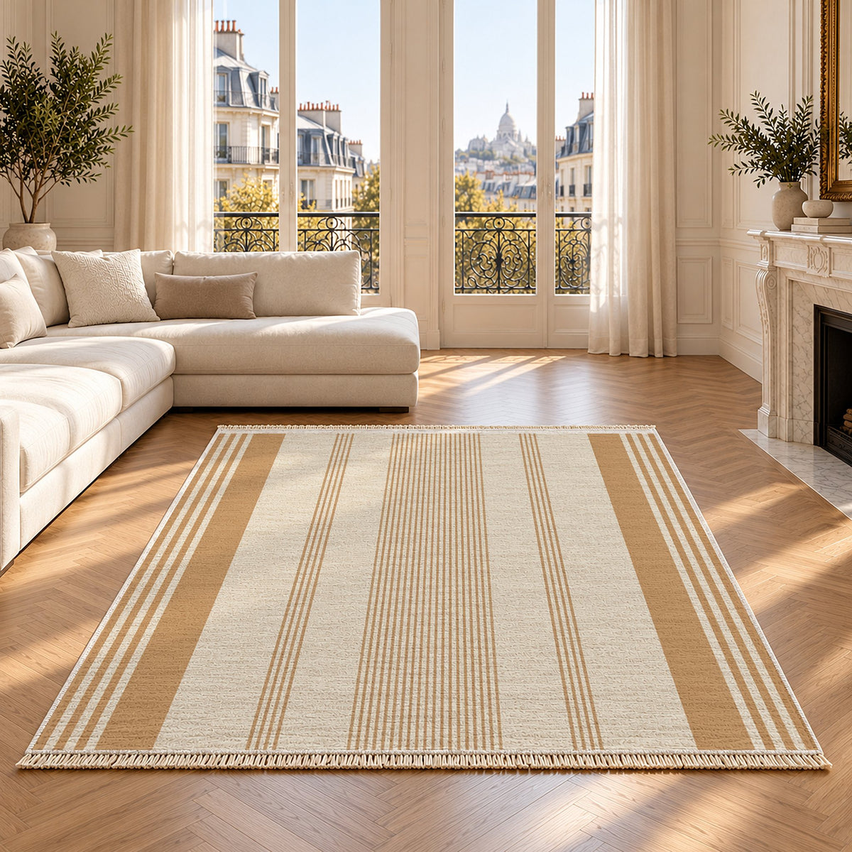 Fine Ticking Ivory & Sand washable rug on an oak floor