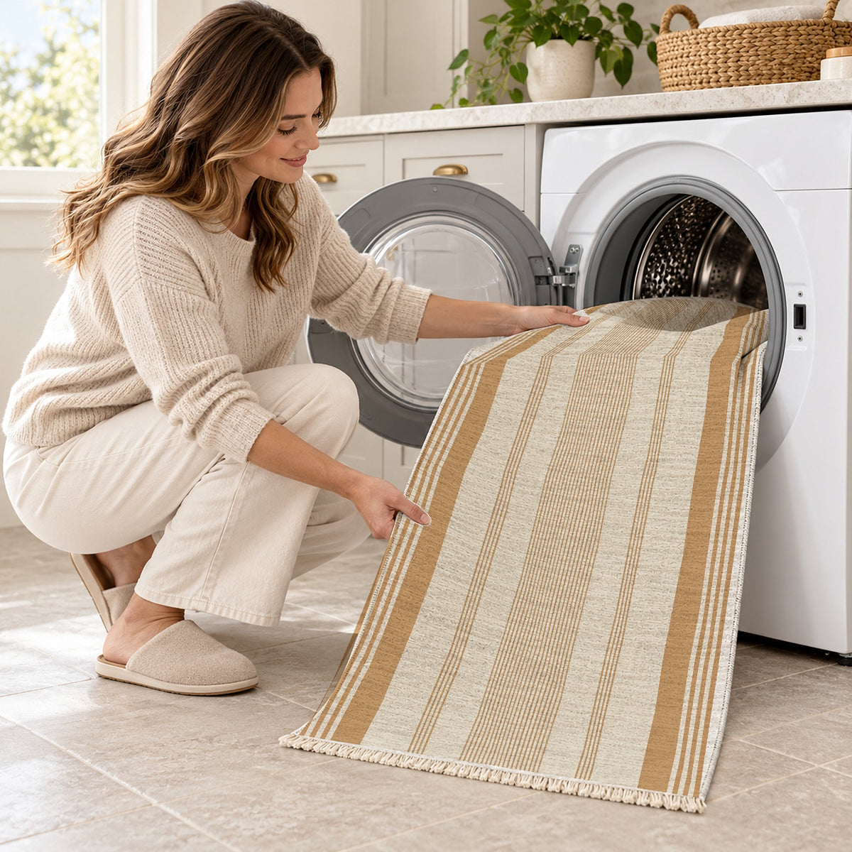 Fine Ticking Ivory & Sand washable rug being loaded into a washing machine
