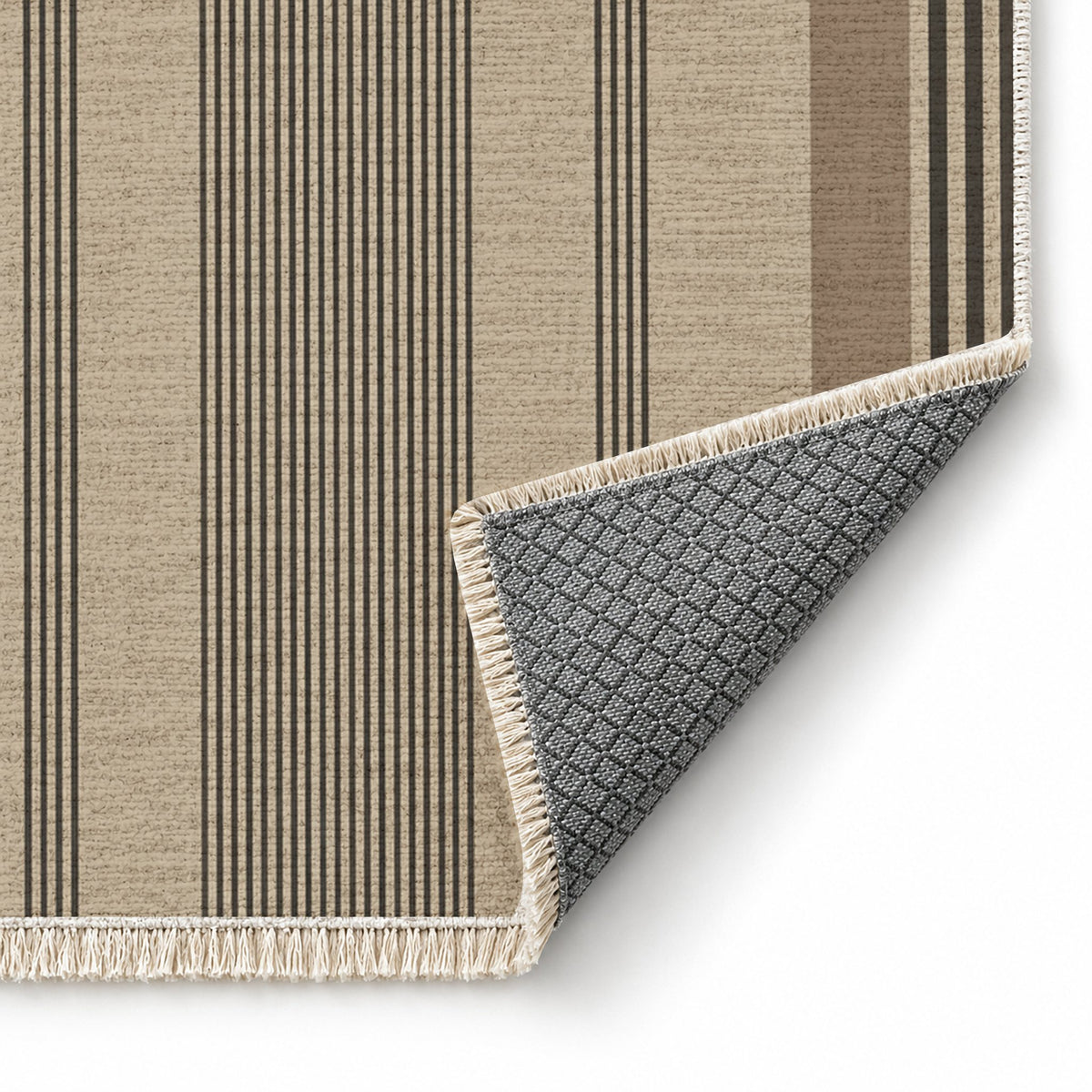 Fine Ticking Oat & Charcoal washable rug folded corner showing the backing