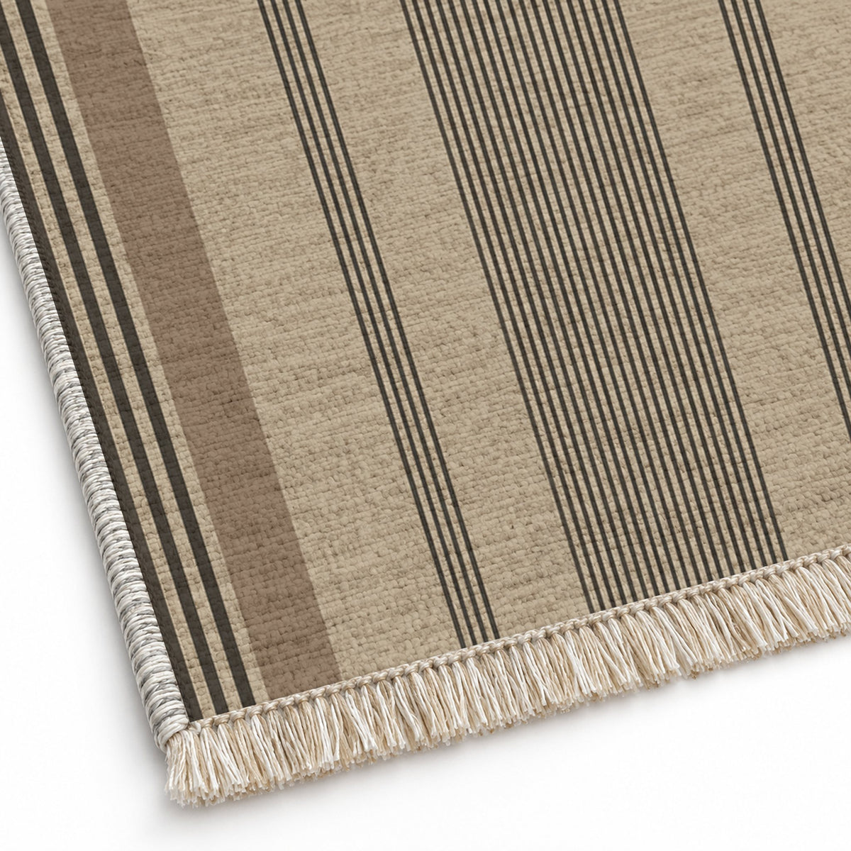 Fine Ticking Oat & Charcoal washable rug close-up of the printed chenille