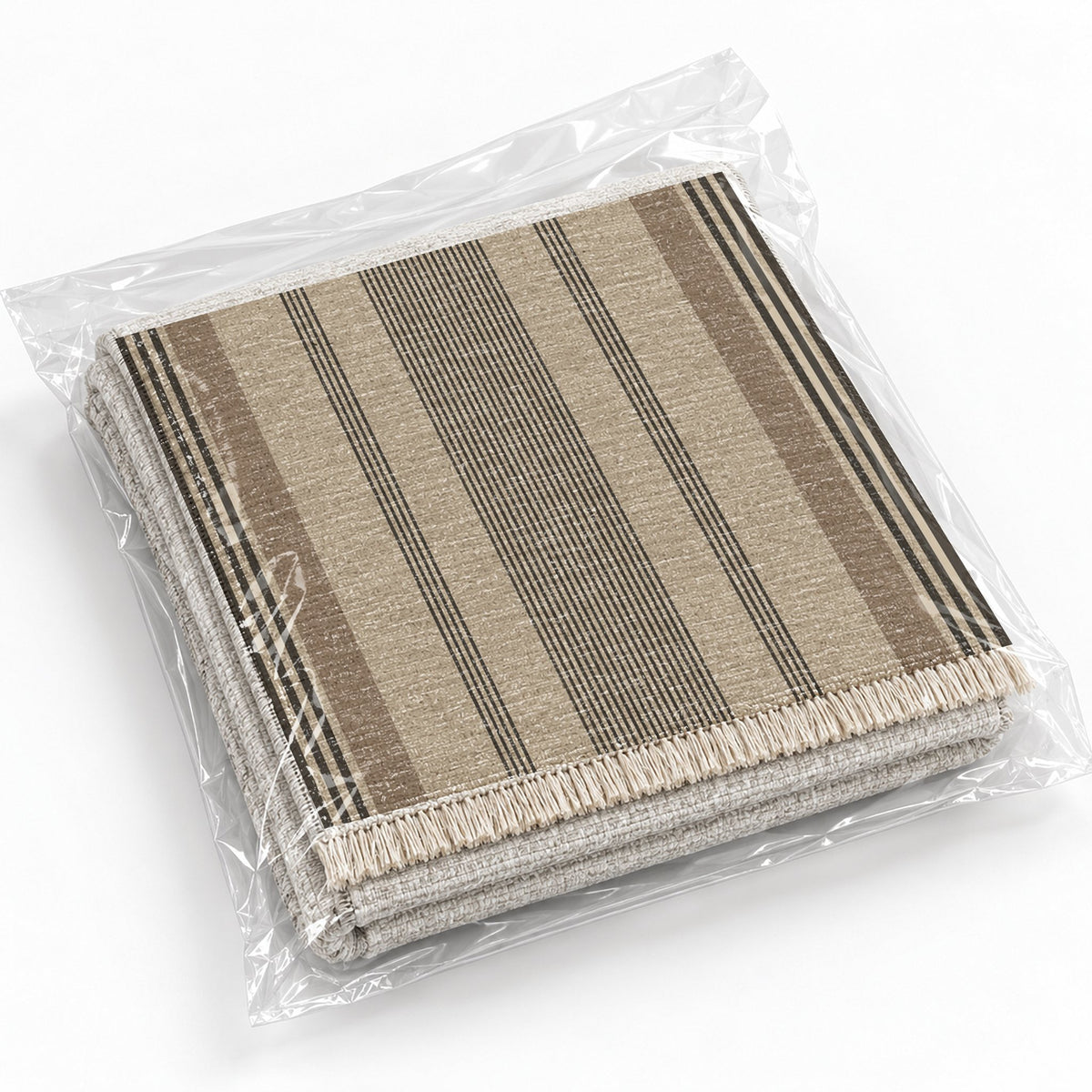 Fine Ticking Oat & Charcoal washable rug rolled and packaged