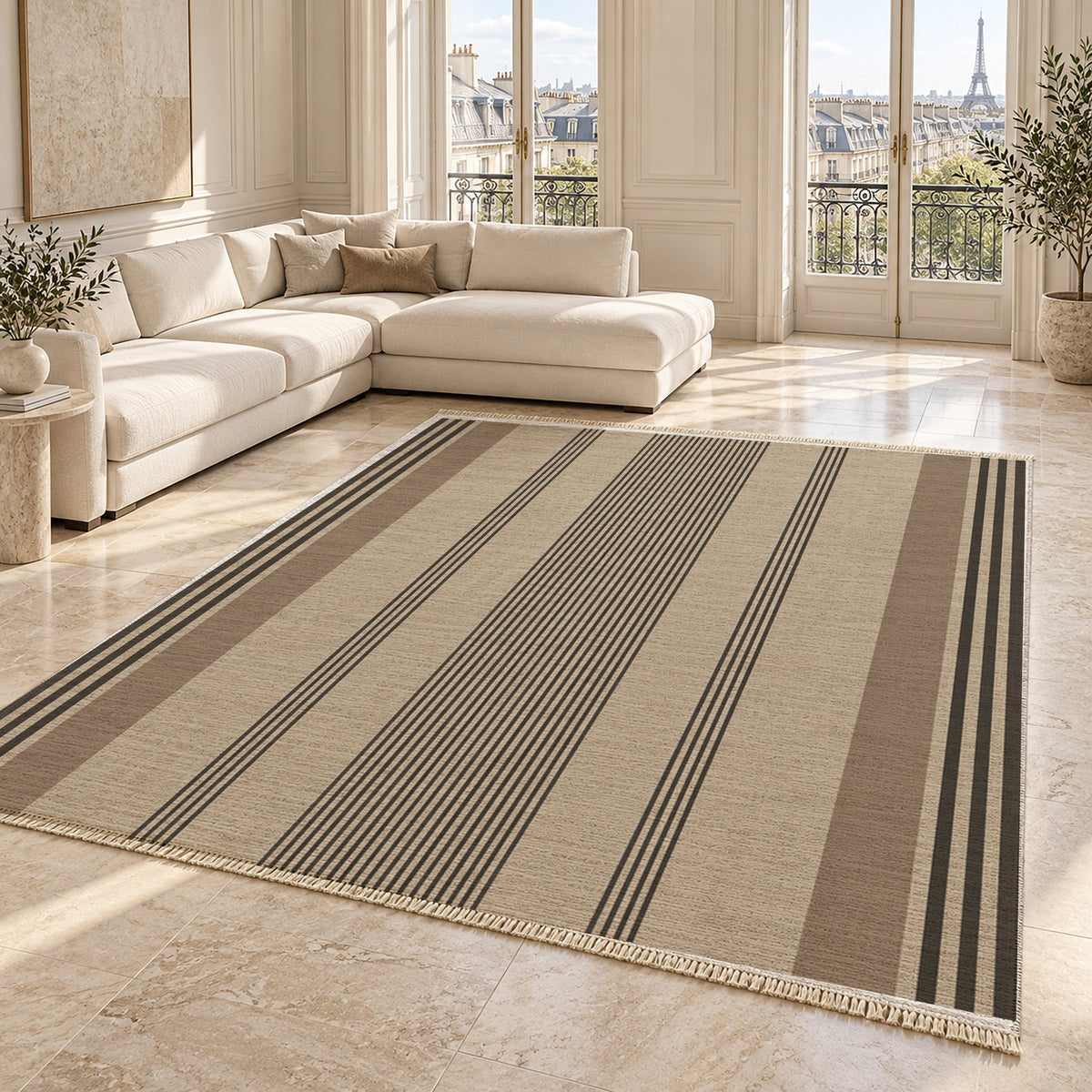 Fine Ticking Oat & Charcoal washable rug angled room view on marble