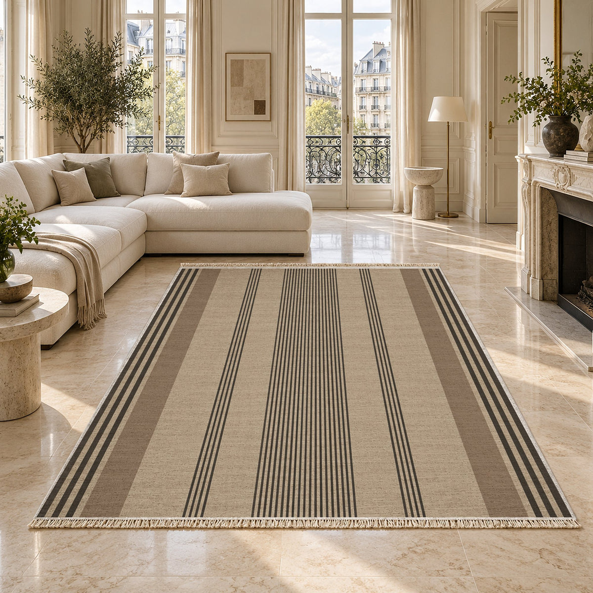 Fine Ticking Oat & Charcoal washable rug on a marble floor