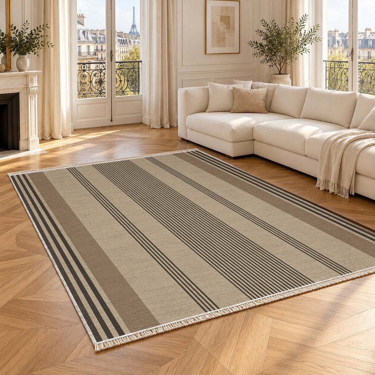 Fine Ticking Oat & Charcoal washable rug angled room view
