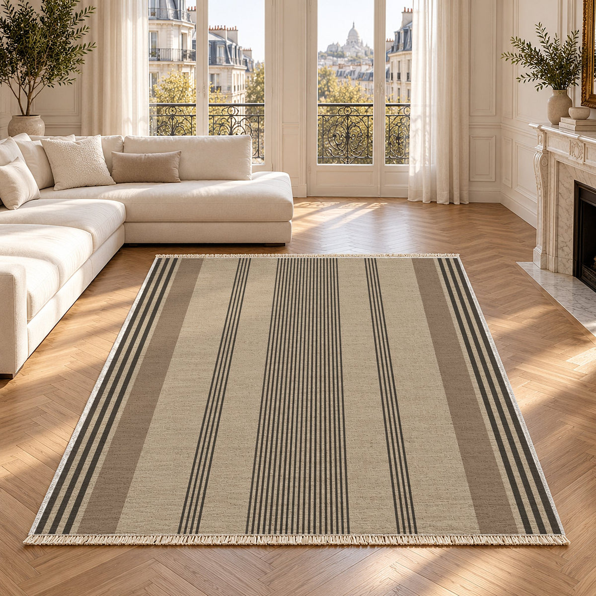 Fine Ticking Oat & Charcoal washable rug in a Paris living room