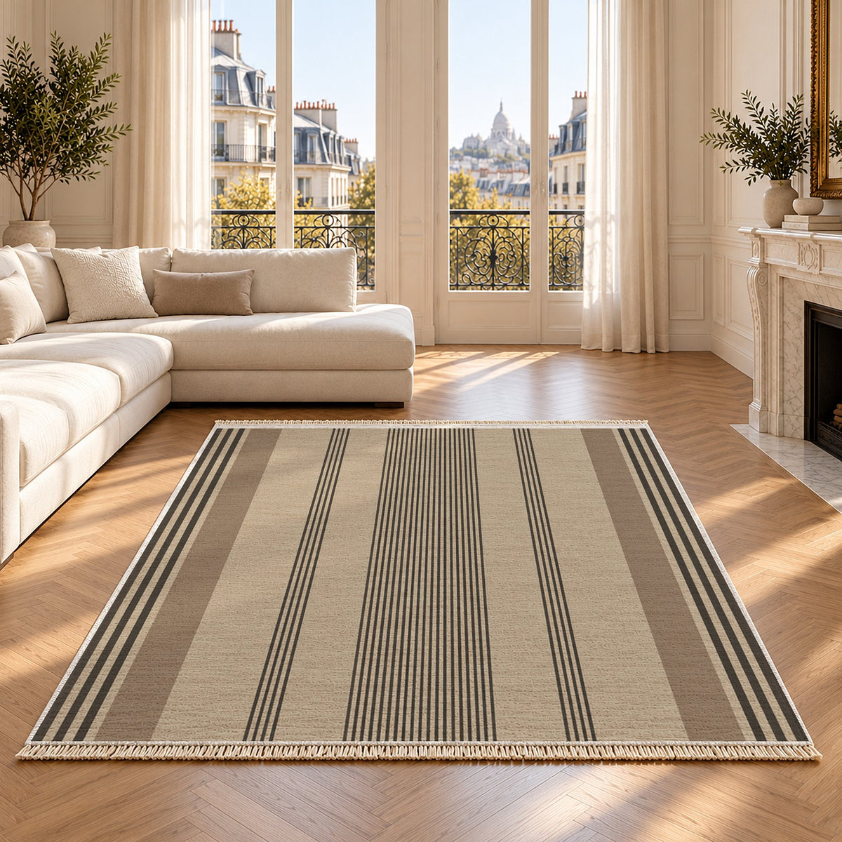 Fine Ticking Oat & Charcoal washable rug on an oak floor