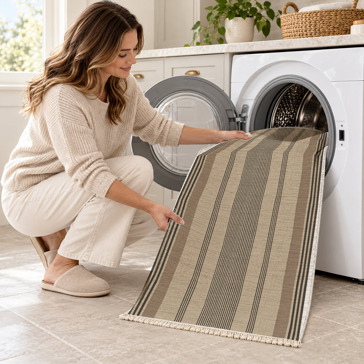 Fine Ticking Oat & Charcoal washable rug being loaded into a washing machine