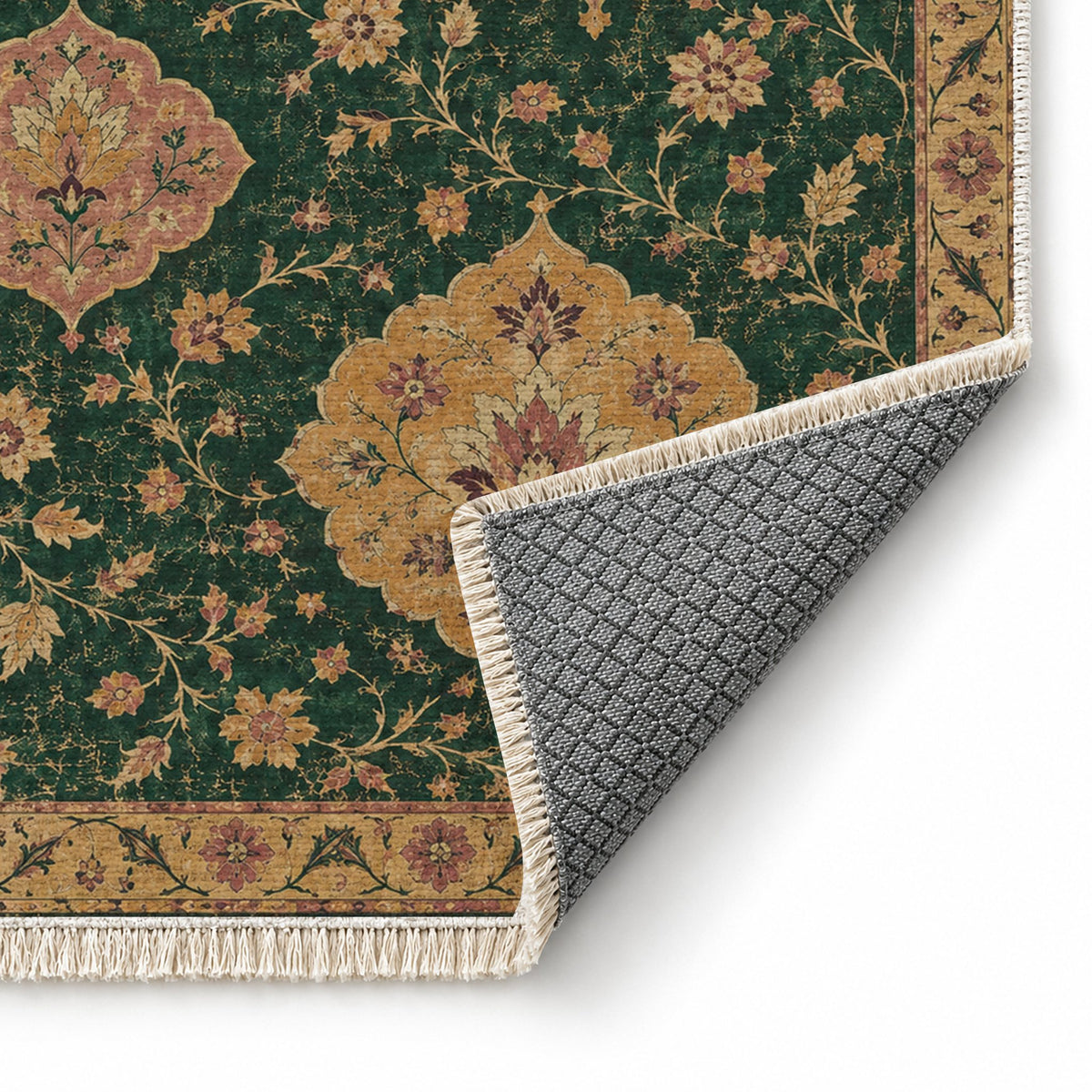 Floating Blossom Shields Forest & Marigold washable rug folded corner showing the backing