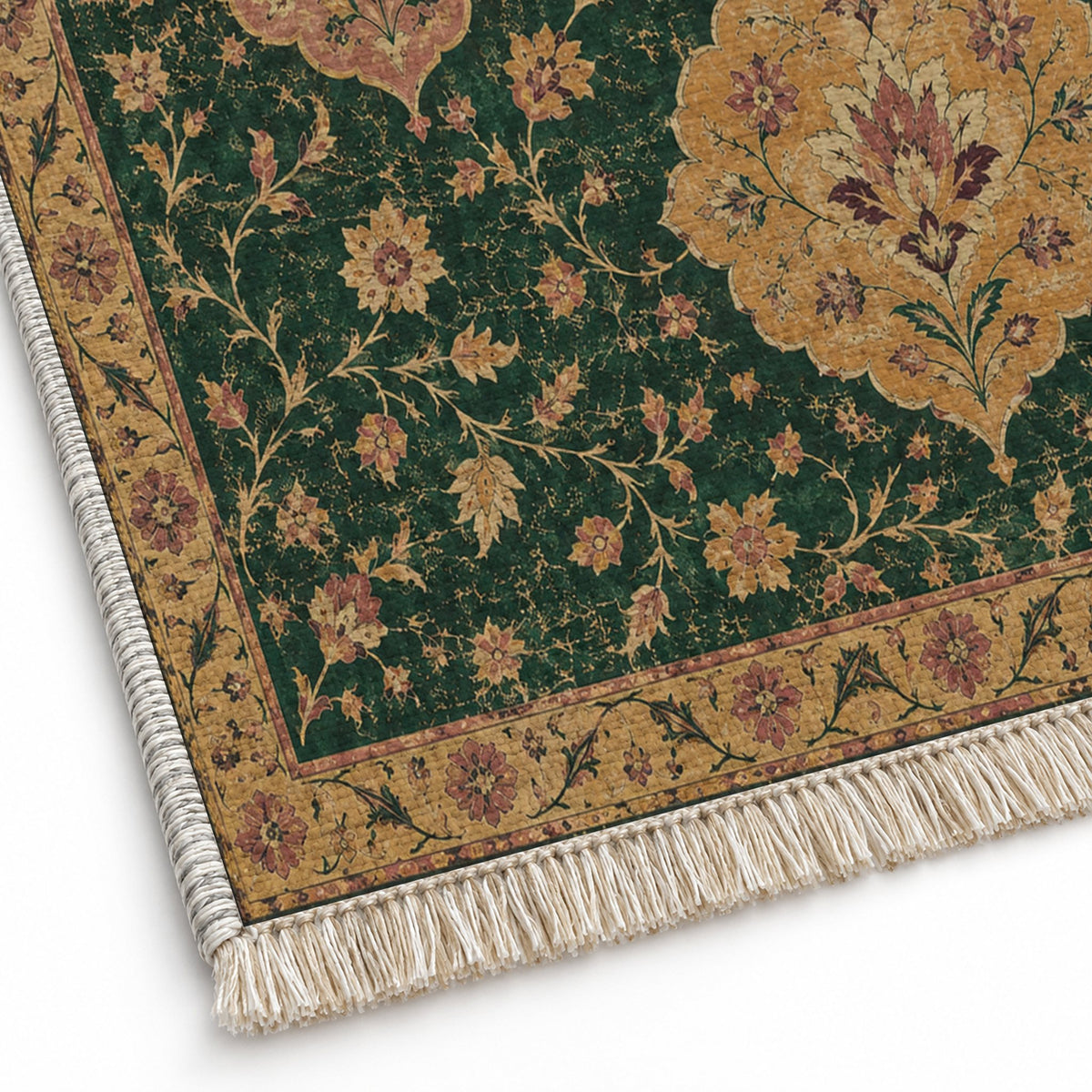 Floating Blossom Shields Forest & Marigold washable rug close-up of the printed chenille