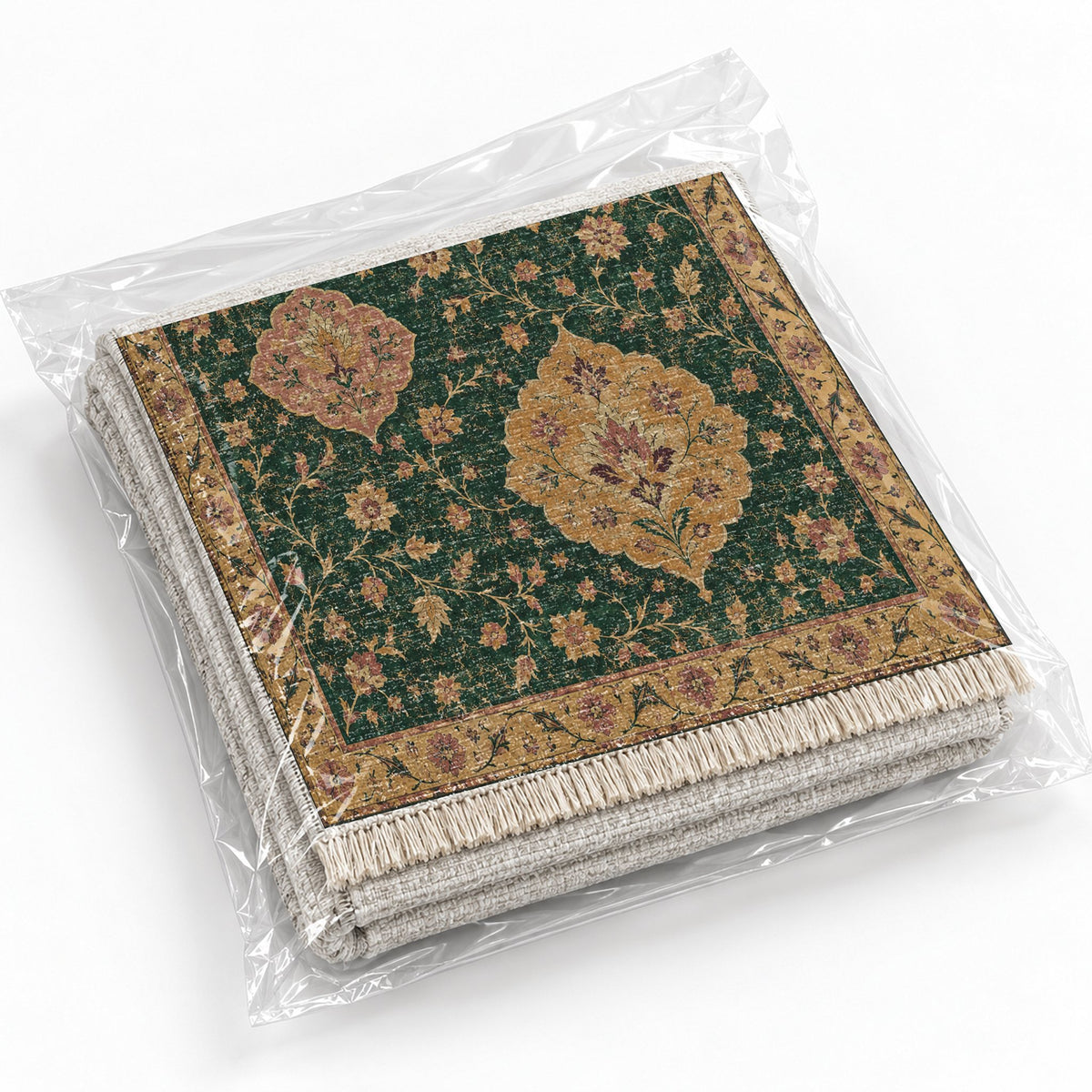 Floating Blossom Shields Forest & Marigold washable rug rolled and packaged