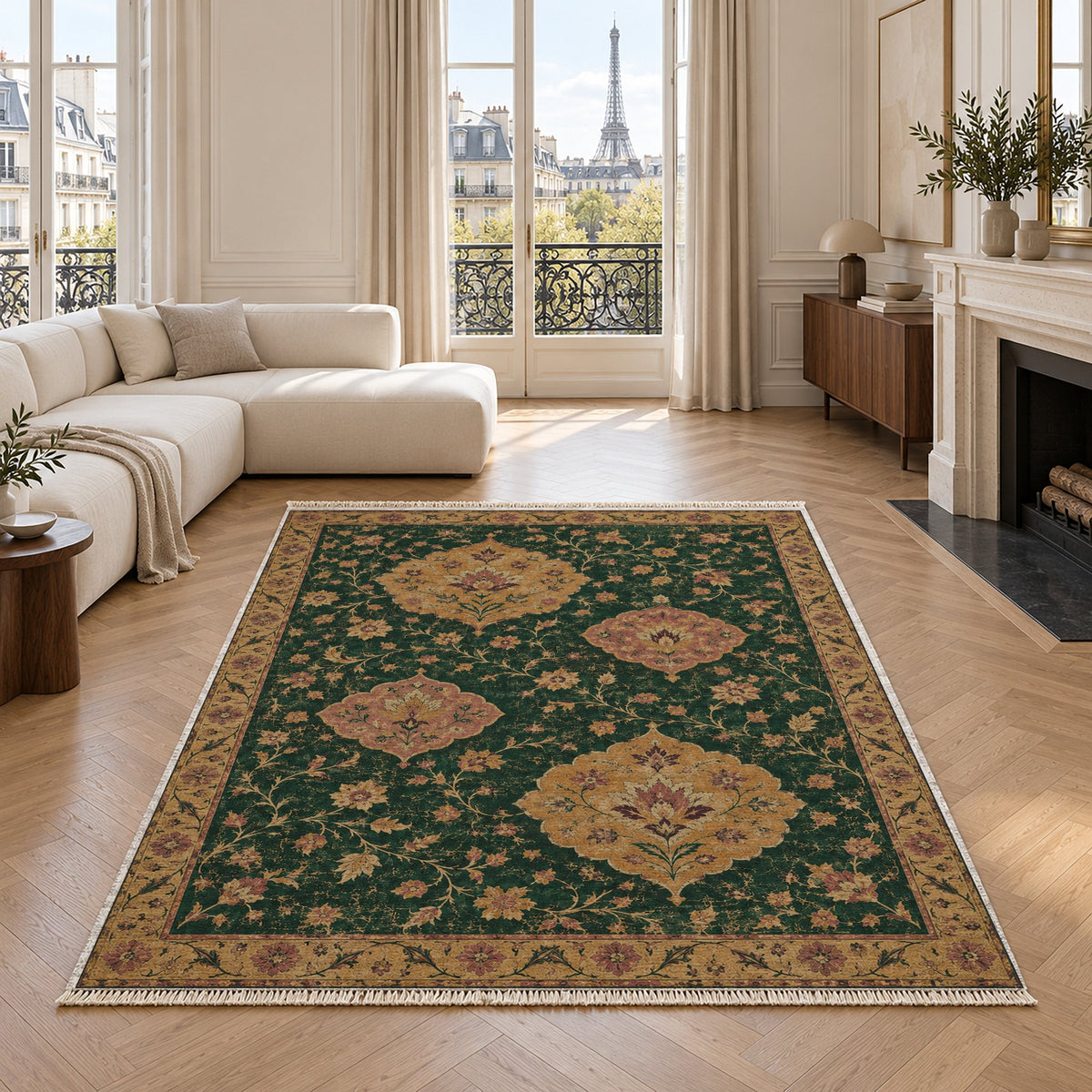 Floating Blossom Shields Forest & Marigold washable rug in a living room with an Eiffel Tower view