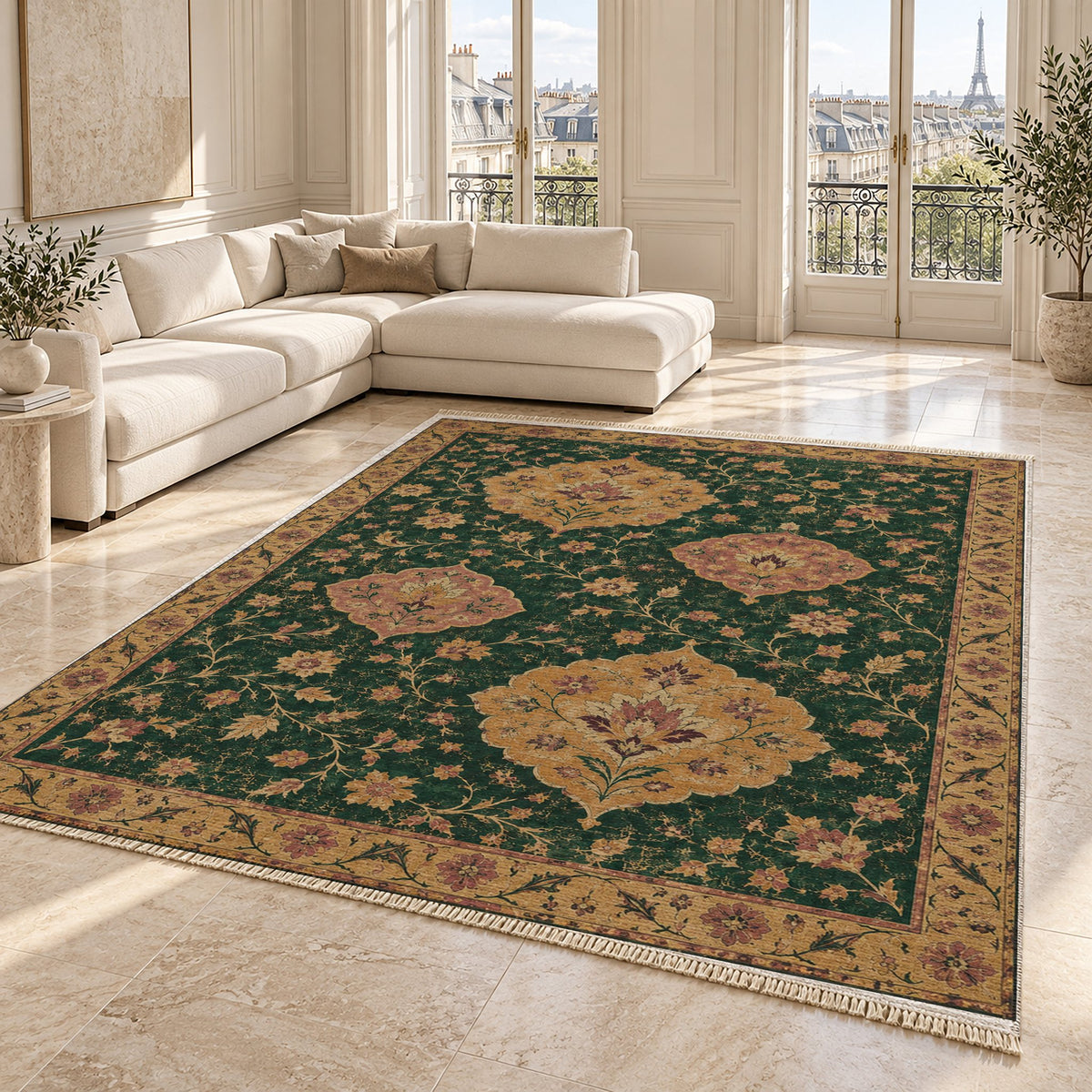 Floating Blossom Shields Forest & Marigold washable rug angled room view on marble
