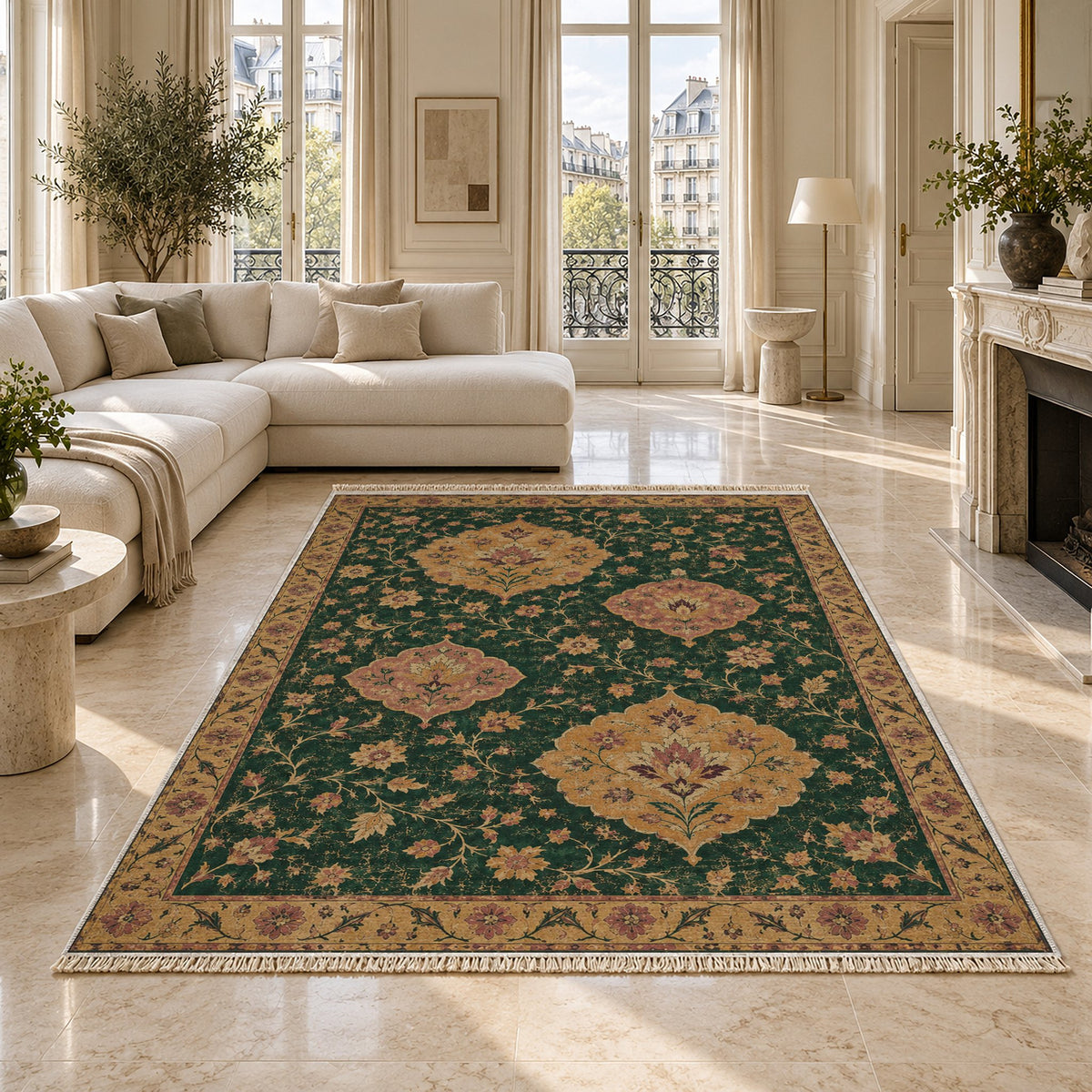 Floating Blossom Shields Forest & Marigold washable rug on a marble floor
