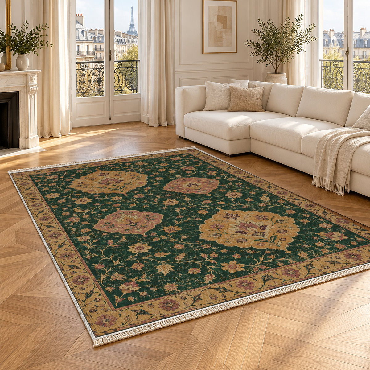 Floating Blossom Shields Forest & Marigold washable rug angled room view