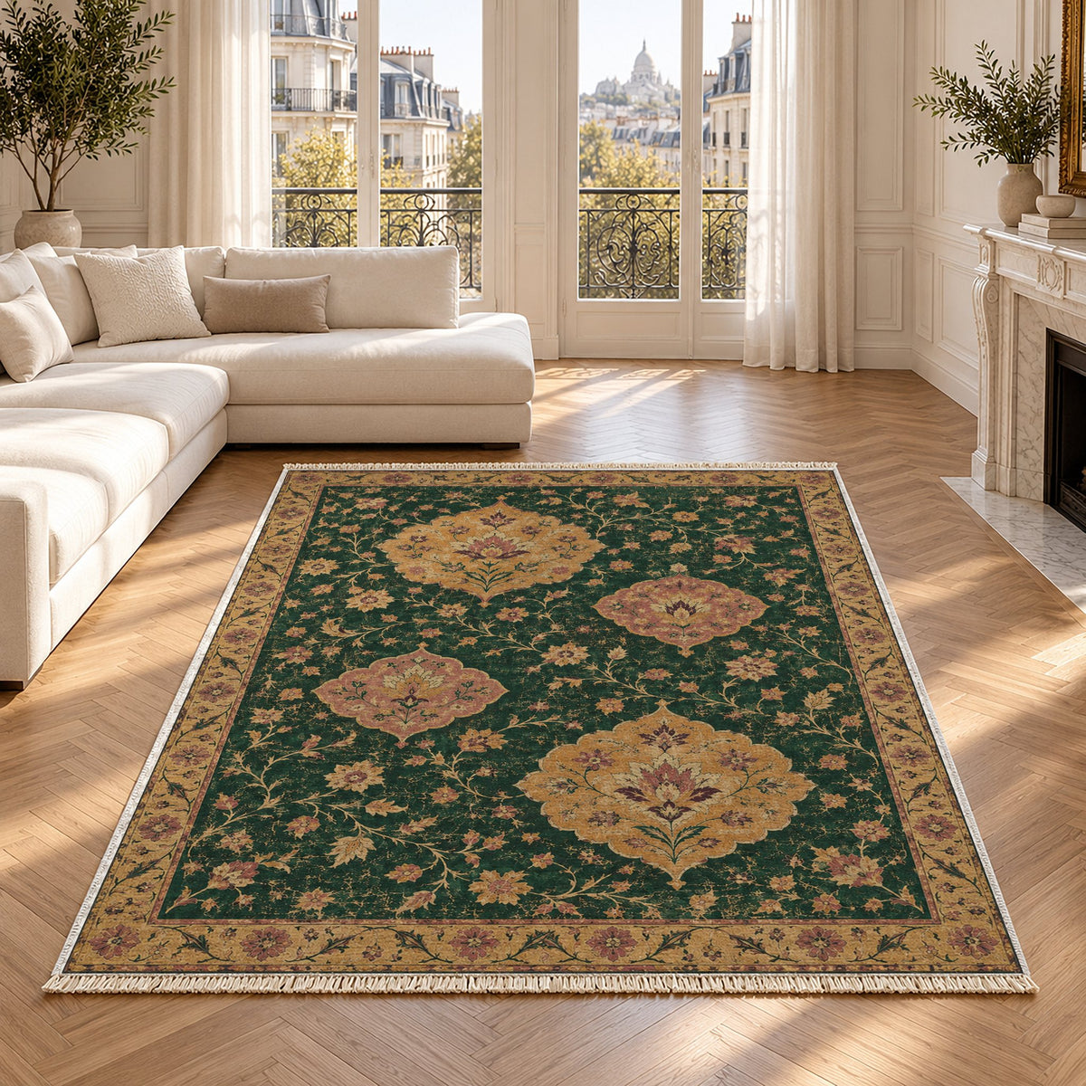 Floating Blossom Shields Forest & Marigold washable rug in a Paris living room