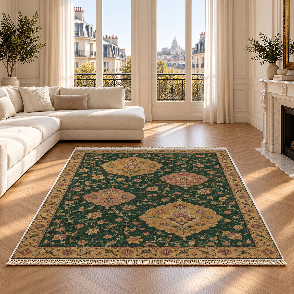 Floating Blossom Shields Forest & Marigold washable rug on an oak floor