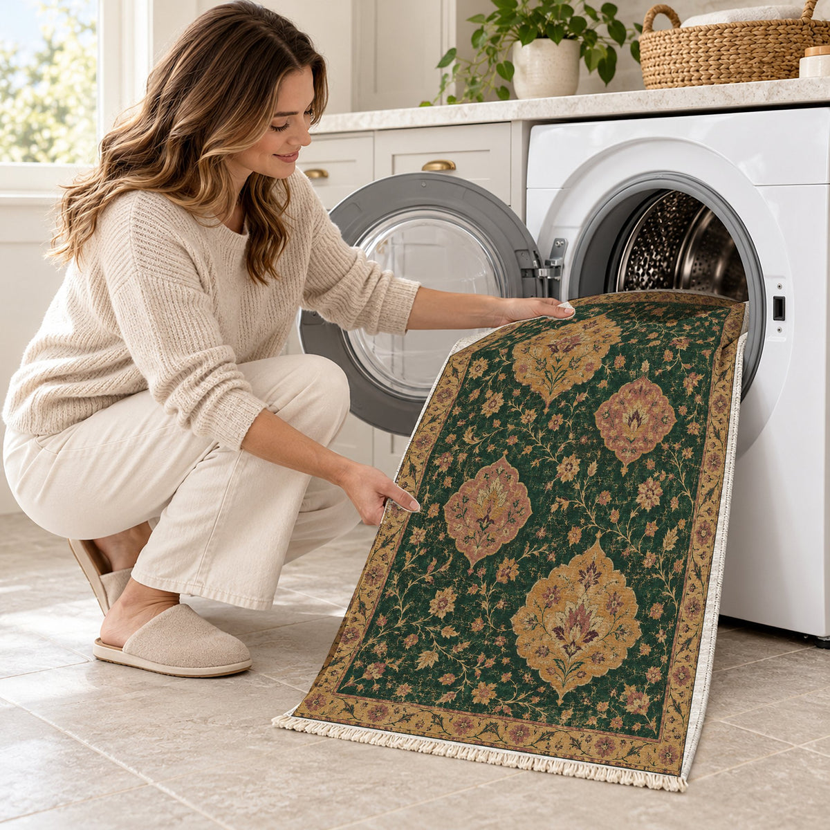 Floating Blossom Shields Forest & Marigold washable rug being loaded into a washing machine