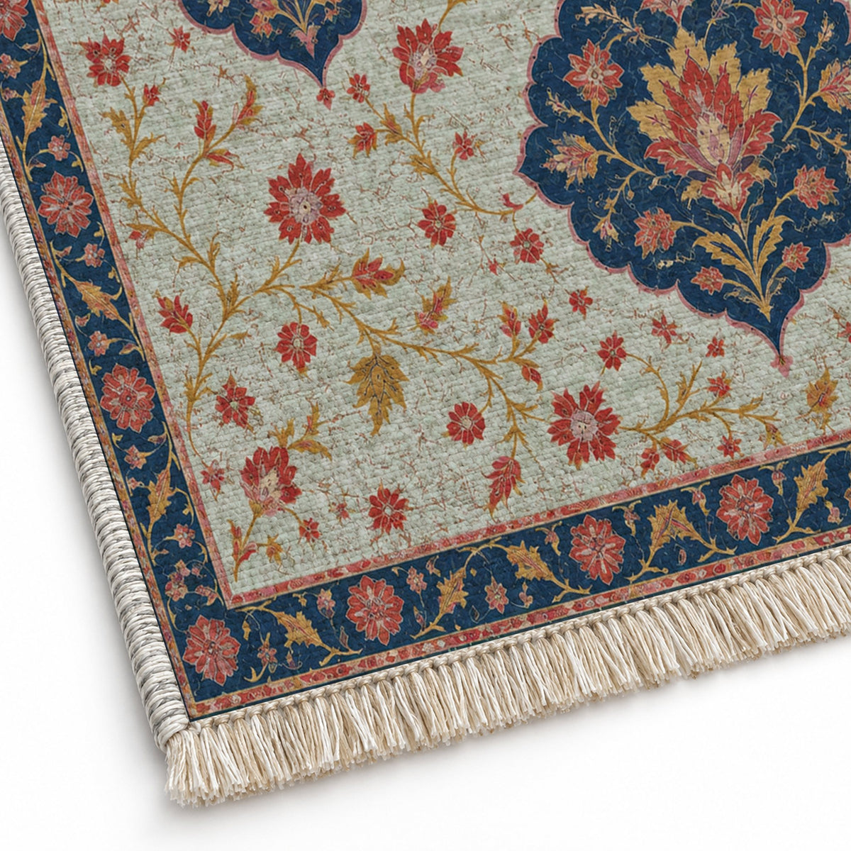 Floating Blossom Shields Glacier, Ink & Vermilion washable rug close-up of the printed chenille