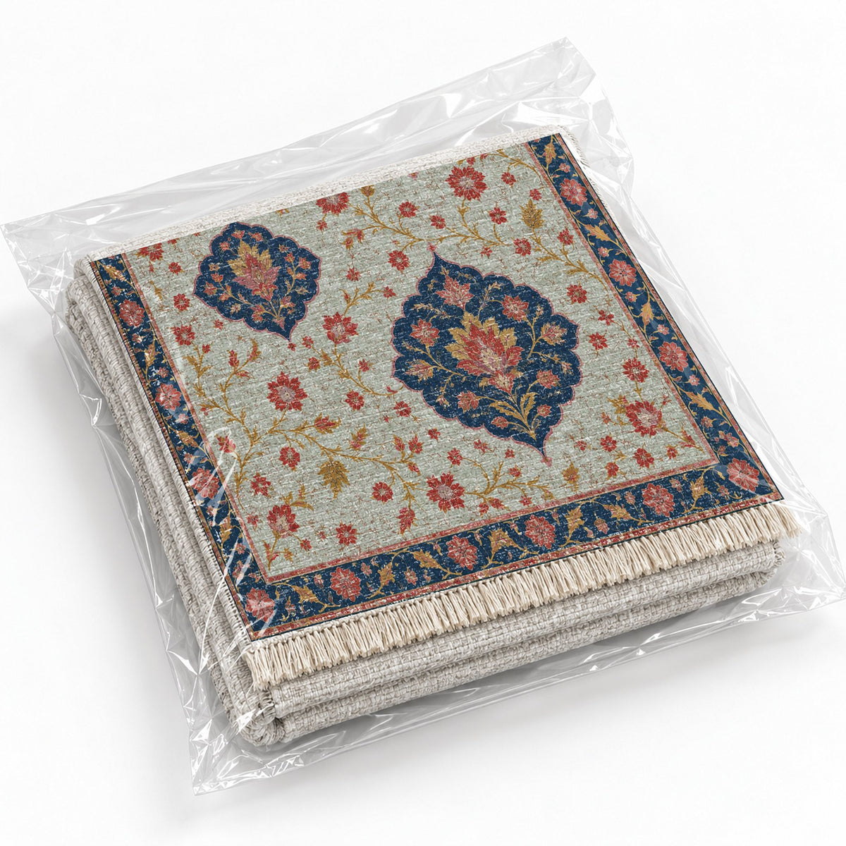 Floating Blossom Shields Glacier, Ink & Vermilion washable rug rolled and packaged