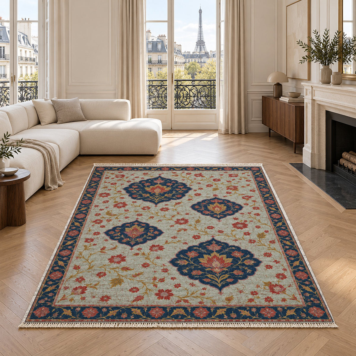 Floating Blossom Shields Glacier, Ink & Vermilion washable rug in a living room with an Eiffel Tower view