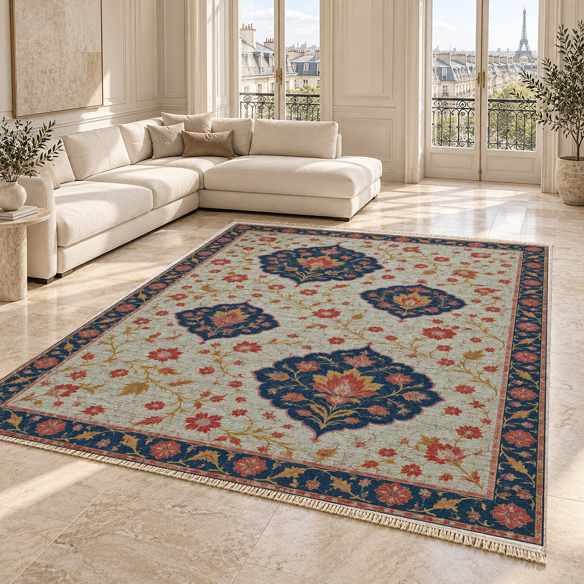 Floating Blossom Shields Glacier, Ink & Vermilion washable rug angled room view on marble