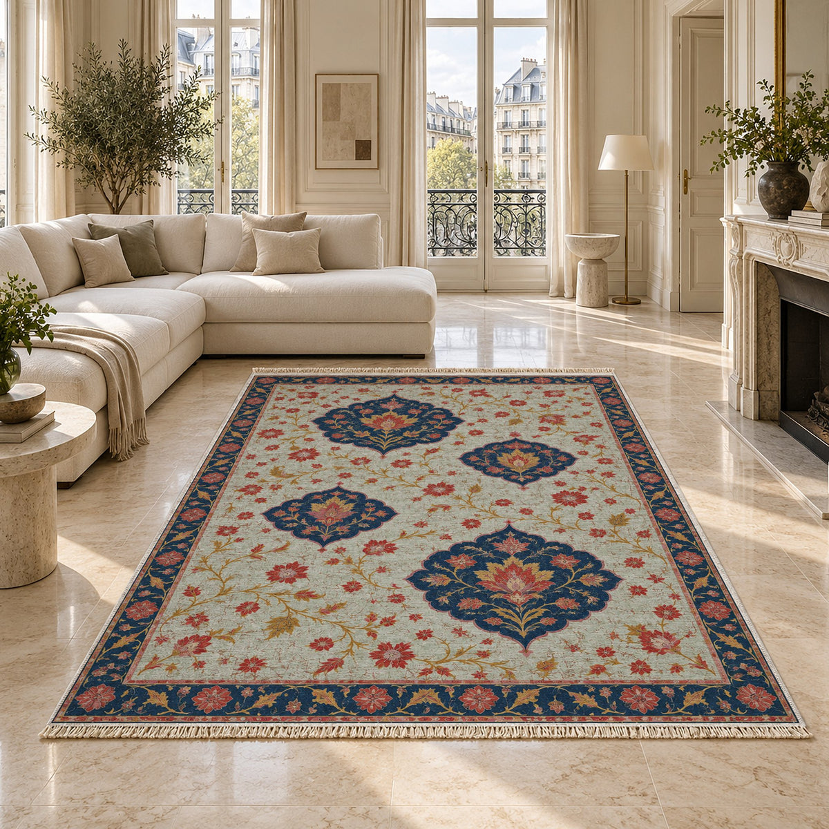 Floating Blossom Shields Glacier, Ink & Vermilion washable rug on a marble floor