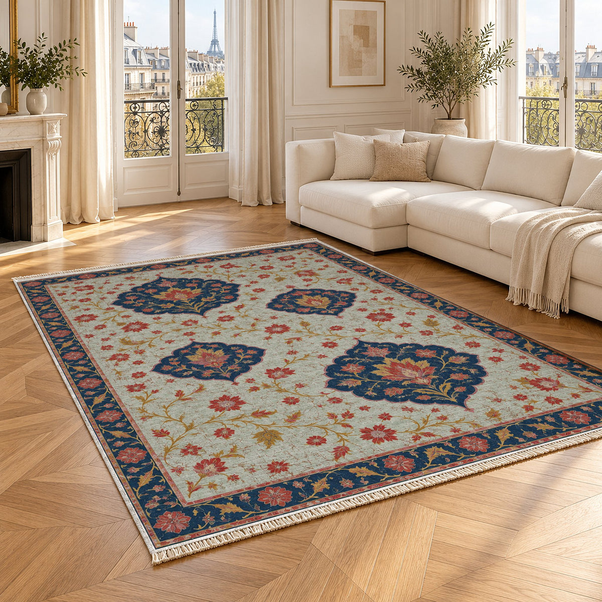 Floating Blossom Shields Glacier, Ink & Vermilion washable rug angled room view