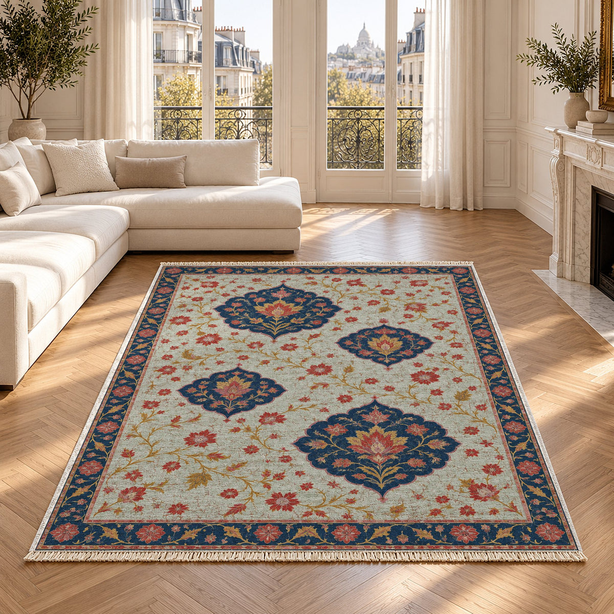 Floating Blossom Shields Glacier, Ink & Vermilion washable rug in a Paris living room