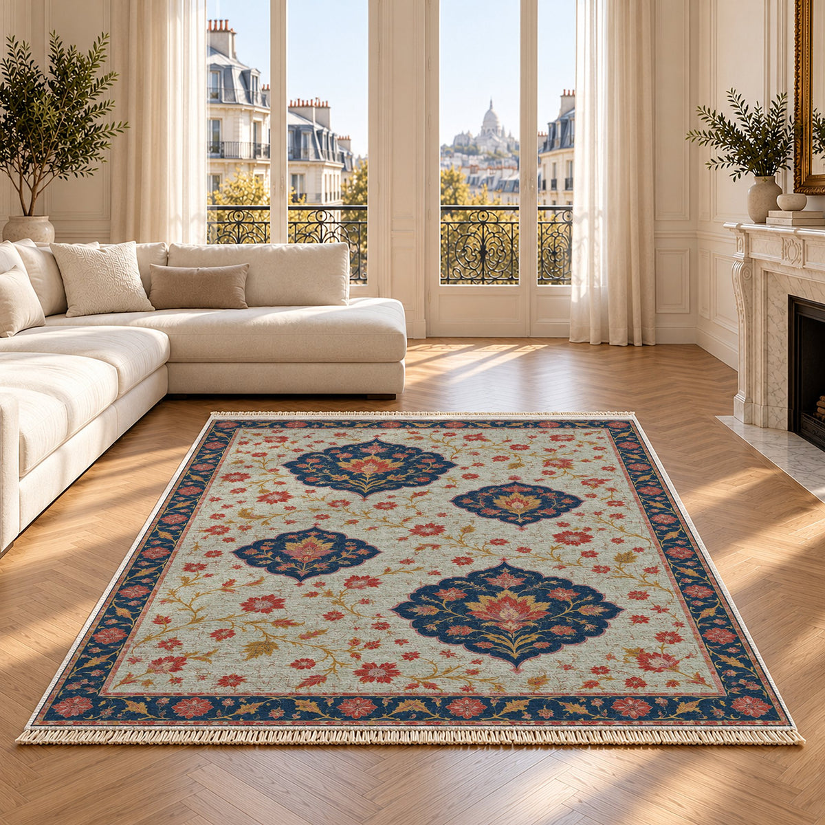 Floating Blossom Shields Glacier, Ink & Vermilion washable rug on an oak floor