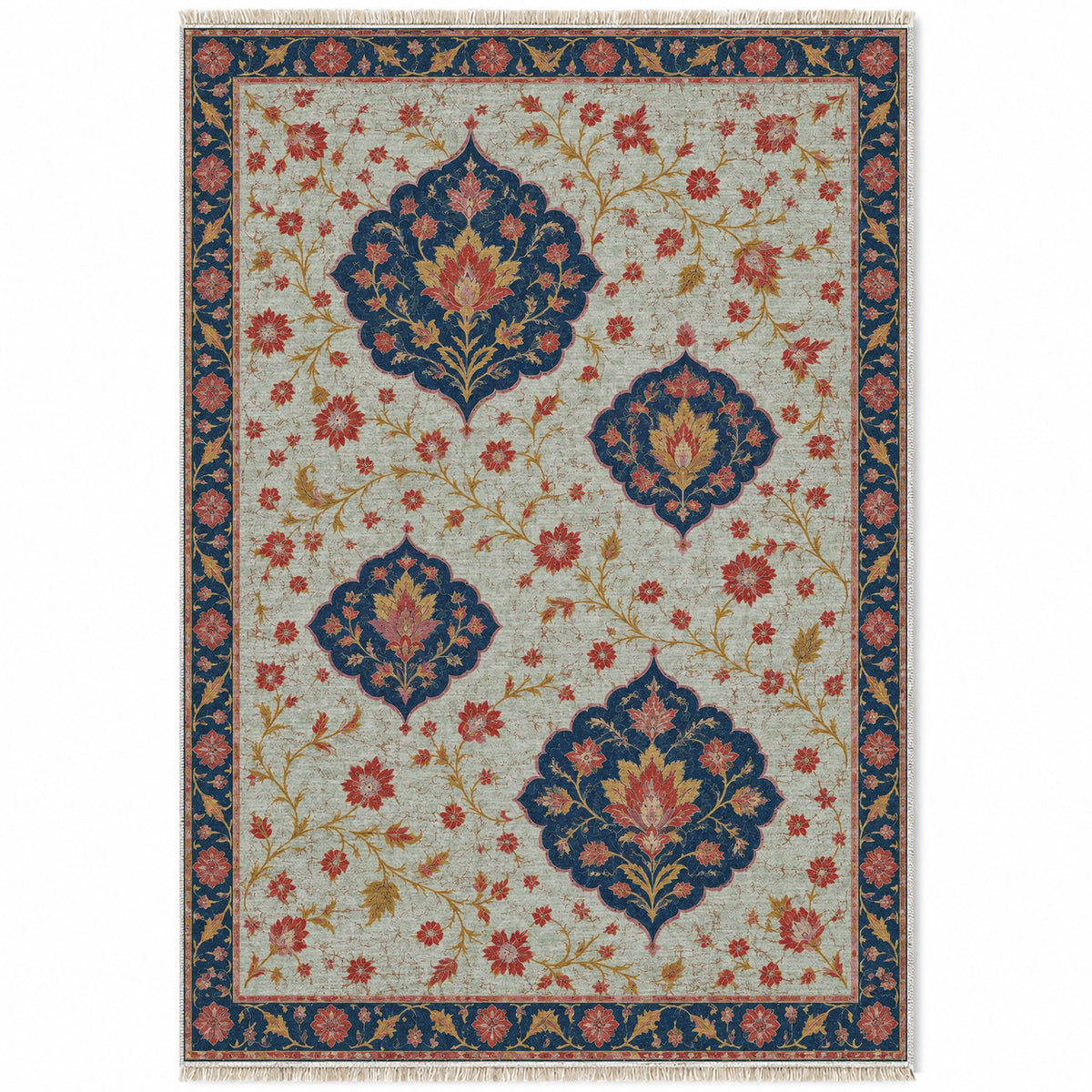 Floating Blossom Shields Glacier, Ink & Vermilion washable rug top view