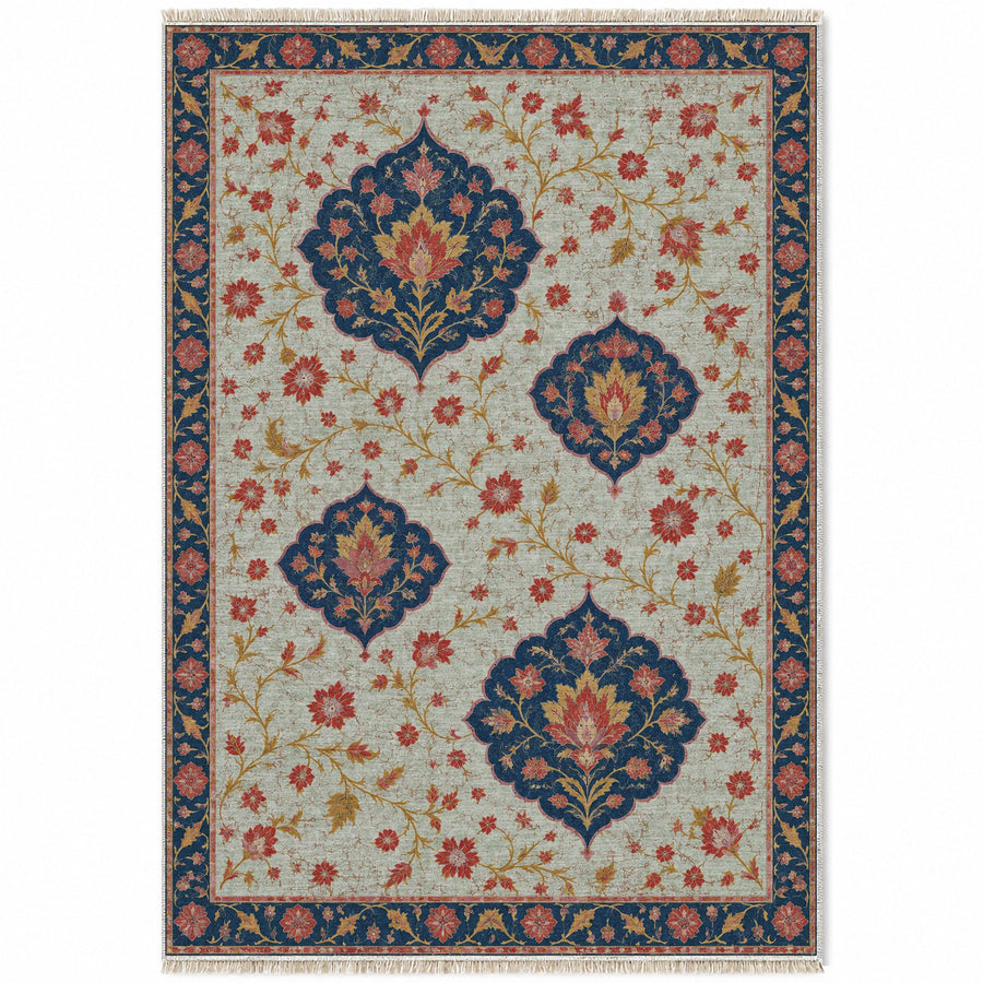 Floating Blossom Shields Glacier, Ink & Vermilion Distressed Washable Rug