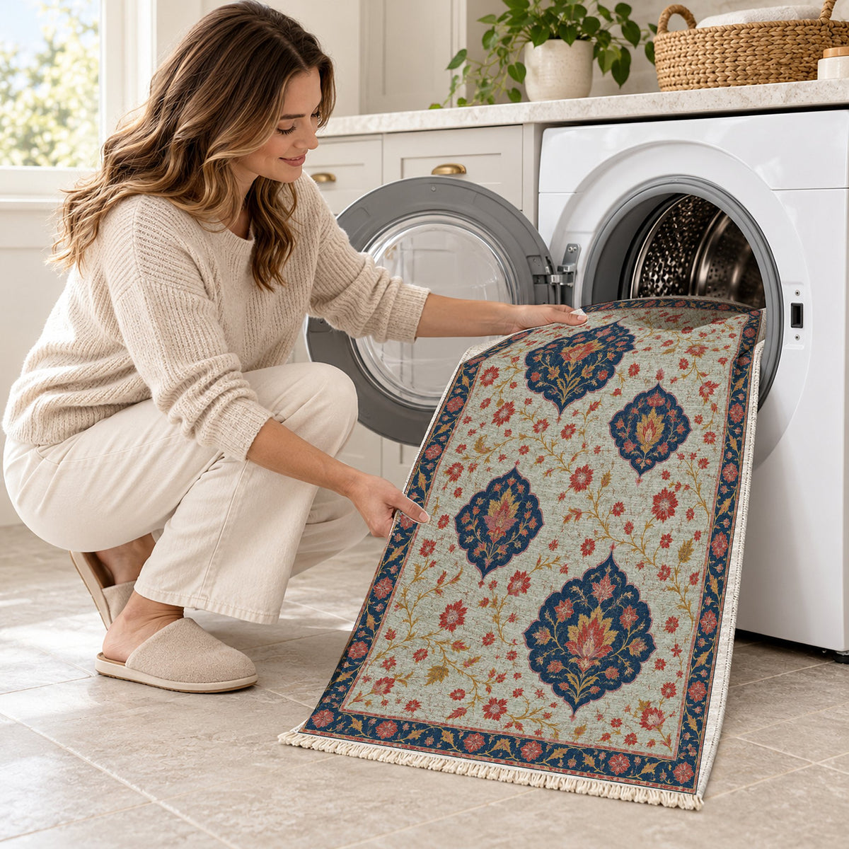 Floating Blossom Shields Glacier, Ink & Vermilion washable rug being loaded into a washing machine