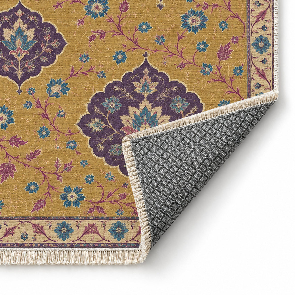 Floating Blossom Shields Golden, Plum & Azure washable rug folded corner showing the backing