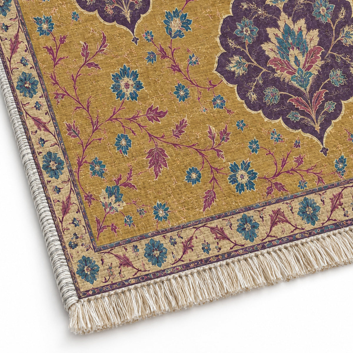 Floating Blossom Shields Golden, Plum & Azure washable rug close-up of the printed chenille