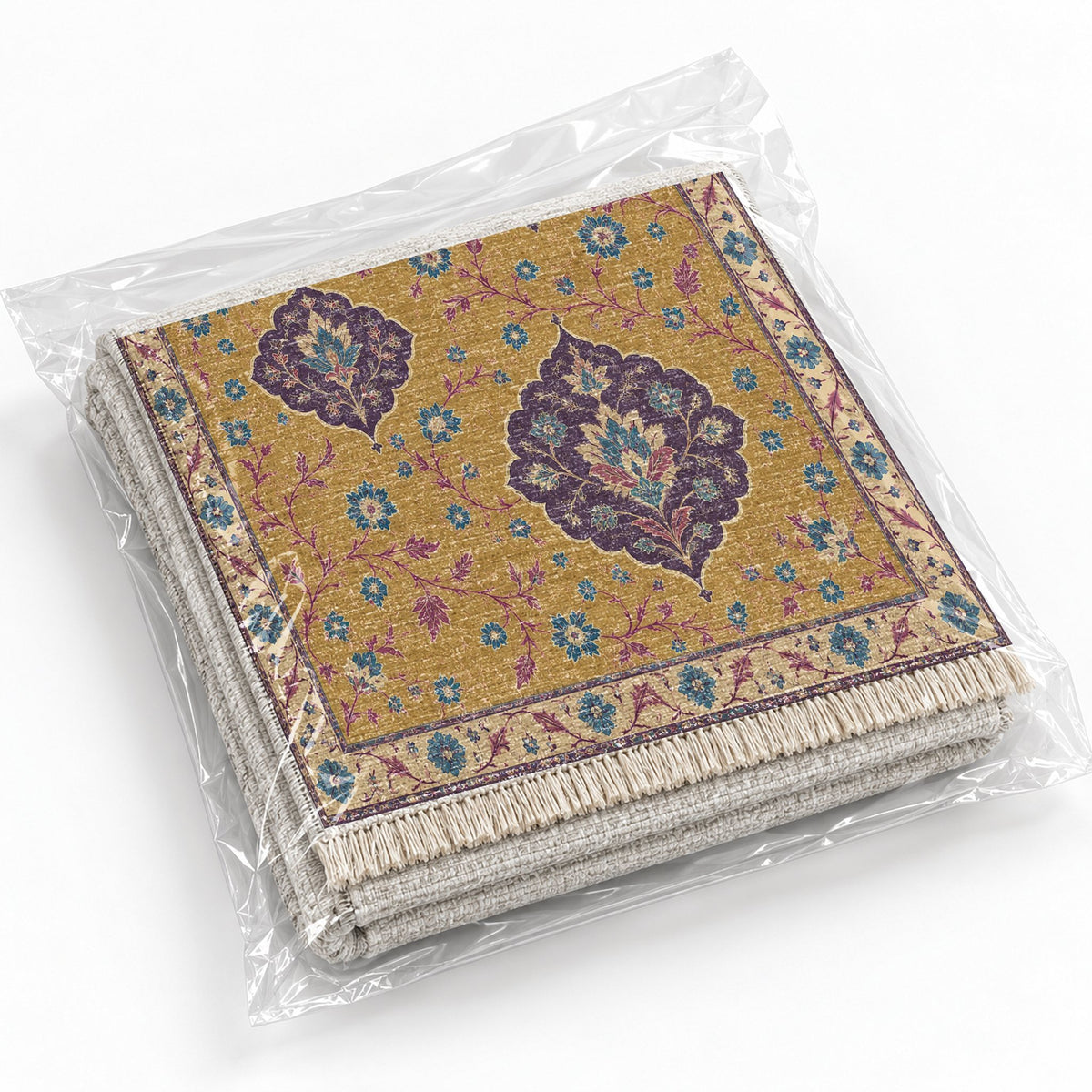 Floating Blossom Shields Golden, Plum & Azure washable rug rolled and packaged