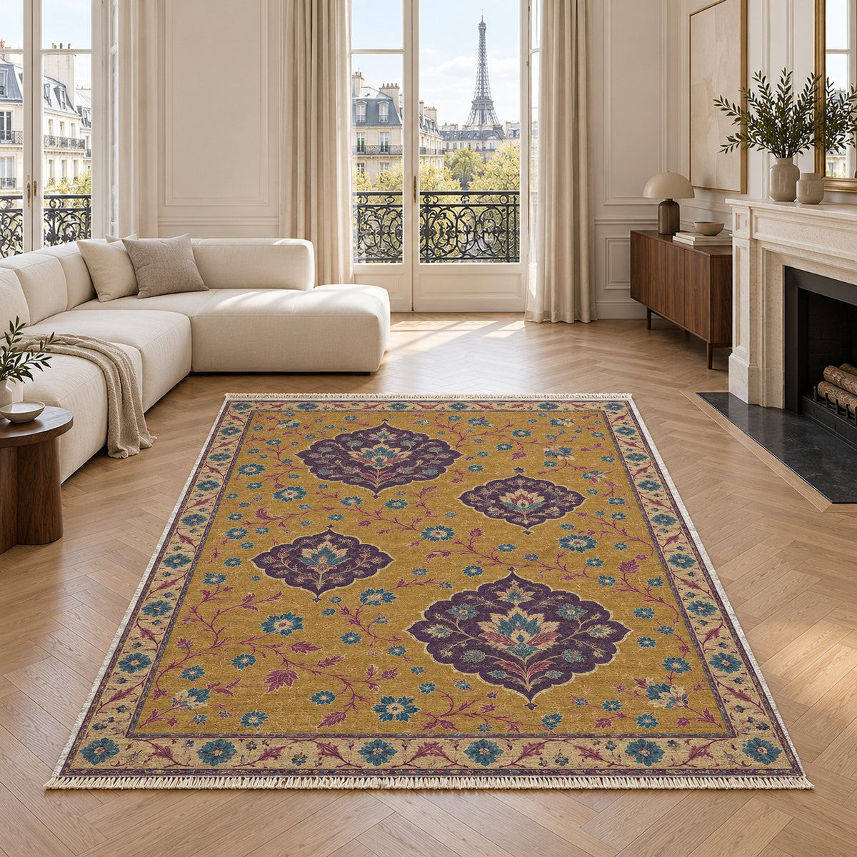 Floating Blossom Shields Golden, Plum & Azure washable rug in a living room with an Eiffel Tower view