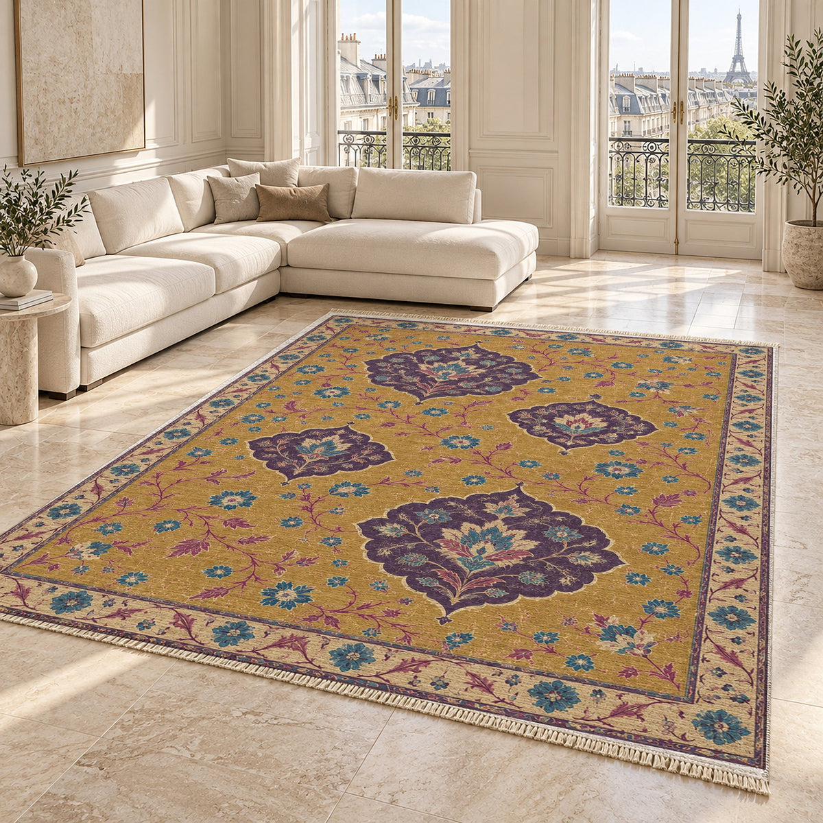 Floating Blossom Shields Golden, Plum & Azure washable rug angled room view on marble