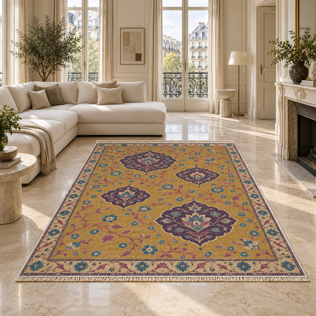 Floating Blossom Shields Golden, Plum & Azure washable rug on a marble floor