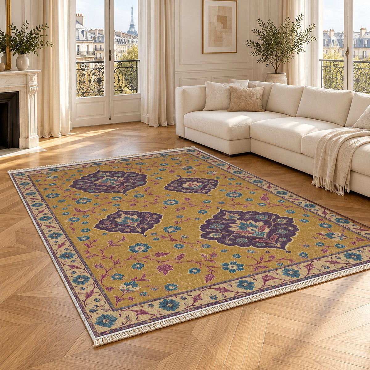 Floating Blossom Shields Golden, Plum & Azure washable rug angled room view